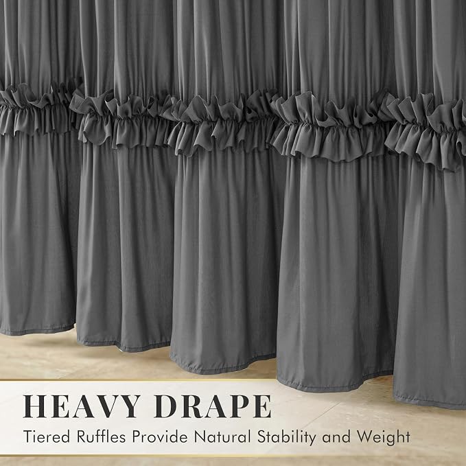LIPA Boho Shower Curtain Rustic Ruffle Shower Curtain with Ruched & Bow Vintage Farmhouse Shower Curtains for Bathroom Bohemian Bathroom Decor(Grey,72x72 Inches)