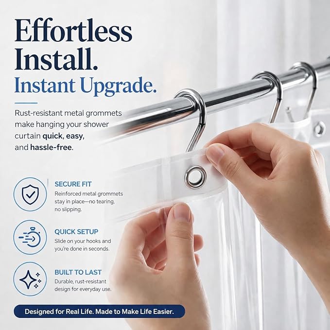 EHZNZIE Crystal Clear Shower Curtain Liner 54x78, PEVA Waterproof Bath Curtain, No Chemical Smell, Weighted Magnets, Durable with 9 Rustproof Metal Grommets