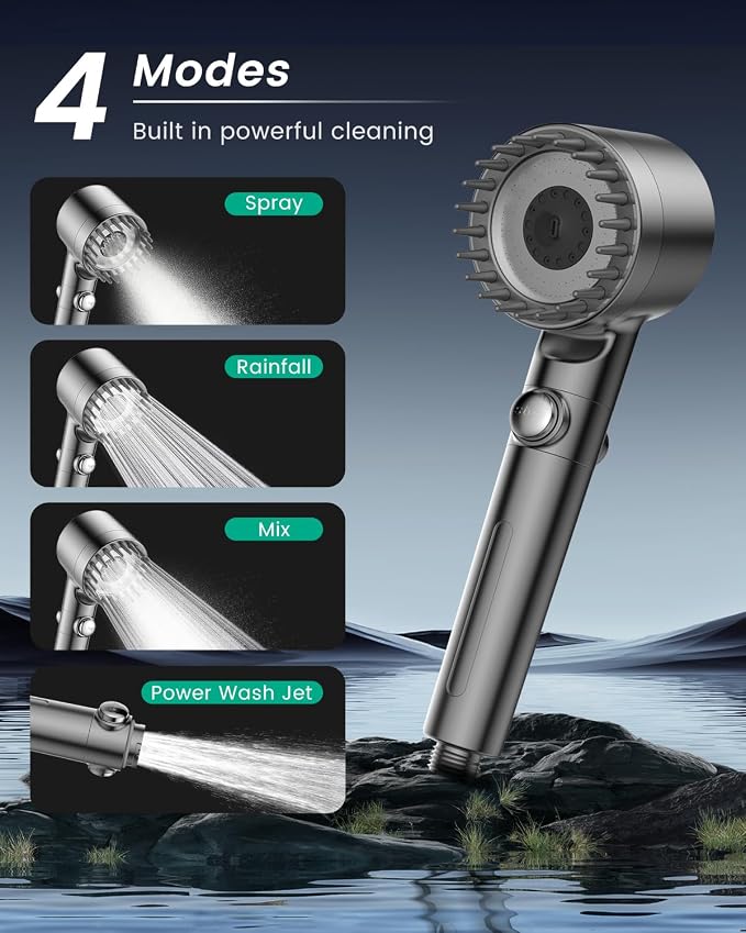 Filtered Shower Head with Handheld 2PCS Filters ShowerHead | 4 Spray, High Pressure Shower Heads with ON/OFF Button, Water Softener for Hard Water, 70" Hose, Remove Chlorine