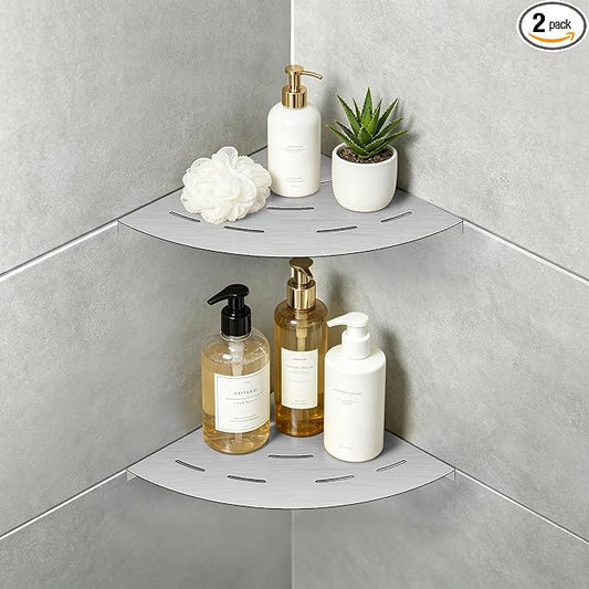 soaez Brushed Nickel Corner Shower Shelf, SUS304 Stainless Steel Bathroom Shower Shelves Prevent Rust Drilling Installation (8", 2Pack)