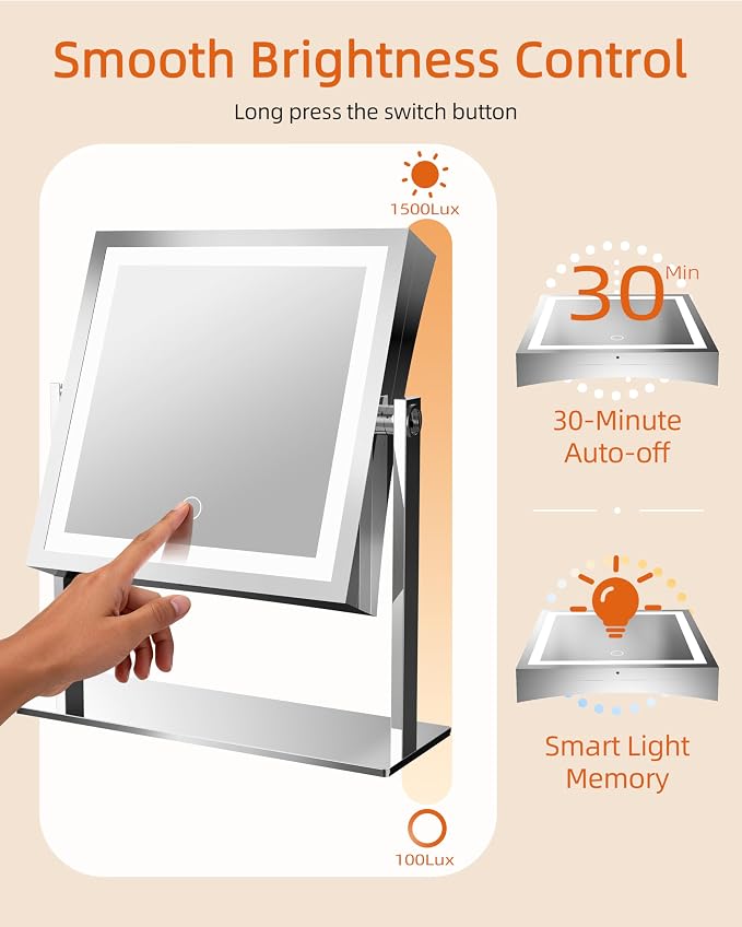 Ruacq Vanity Mirror with Lights, Dual Sided 1X/10X, Chrome | 8",4000mAh Rechargeable, Magnifying Mirror with 3 Color Lights,Touch Control Dimmable, 360° Rotation, Square, Gift for Women
