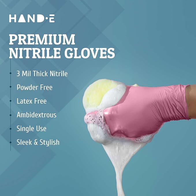 Hand-E Touch Pink Nitrile Disposable Gloves - Esthetician, Nail Tech, Hair Dye & Stylist, Cleaning Gloves