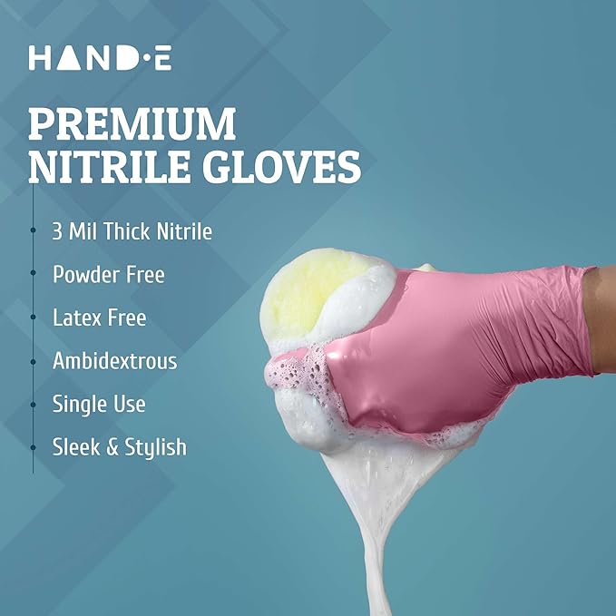 Hand-E Touch Pink Nitrile Disposable Gloves - Esthetician, Nail Tech, Hair Dye & Stylist, Cleaning Gloves