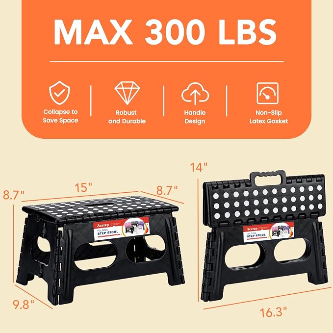 9 Inch Folding Step Stool, 15 Inch Extra-Wide, 300 lbs, 2 Pack | Non-Slip Heavy Duty Foldable Step Stool for Kids and Adults, Extra-Wide for Comfort and Stability, for Bathroom and Kitchen