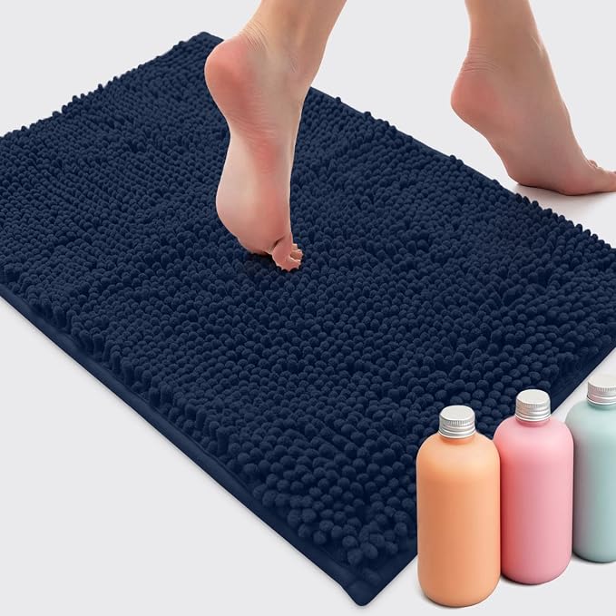 LuxUrux Bath Mat-Extra-Soft Plush Bath Shower Bathroom Rug,1'' Chenille Microfiber Material, Super Absorbent Shaggy Bath Rug. Machine Wash & Dry Navy