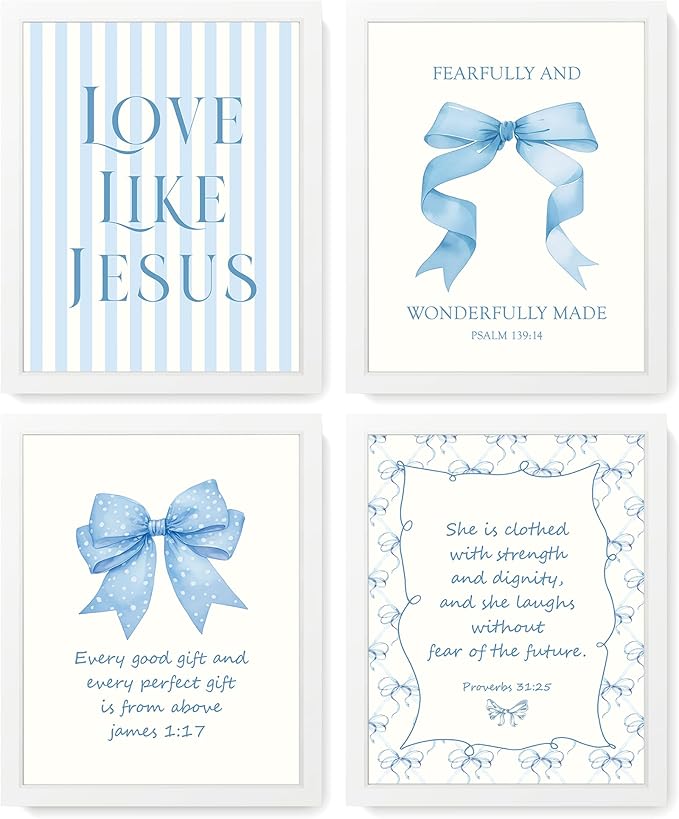 LARTSFRO Coquette Blue Bow Jesus Wall Art Decor Posters, Light Blue Bow Room Bedroom Bathroom Dorm Wall Art Decor Aesthetic for College Teen Girls Gifts, Inspirational Bible Verses Bow Wall Decor, 10x8 Inch Set of 4 Bow Pictures (WHITE FRAMED)