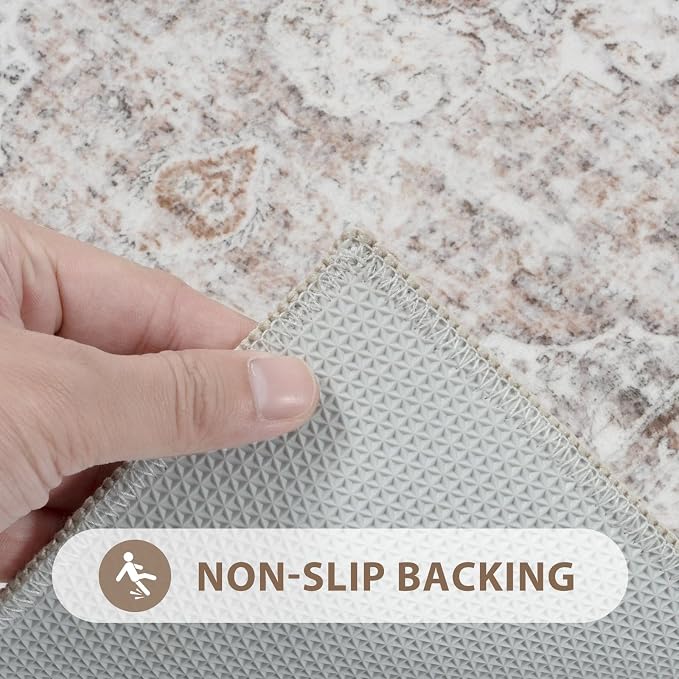 Uphome Bathroom Rugs Runner, Distressed Farmhouse Boho Light Khaki Bath Mat, Non Slip Washable Long Bath Rugs, Vintage Traditonal Soft Velvet Bathroom Runner for Bathtub Sink Shower, 18x47 inch