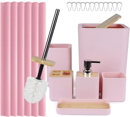 CERBIOR Bamboo Bathroom Accessory Set with Shower Curtain,Pink,20PCS | Spiral Set Includes Shower Curtain,Soap Dispenser, Toothbrush Holder, Toothbrush Cup, Soap Dish for Decorative and House Gift