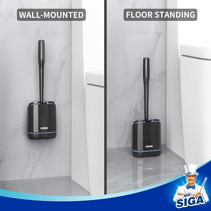 MR.SIGA Toilet Bowl Brush and Holder, Wall Mounted Toilet Brush, Black | Automatic lid design, sturdy handle, upgraded ventilation, flexible thermoplastic rubber head, easy to clean and dry quickly