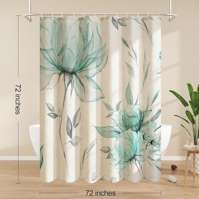Litabel Farmhouse Teal Floral Linen Shower Curtain, Boho Vintage Spring Cotton Shower Curtains for Chic Elegant Bathroom Decor, Ink Painting Style Blossom Fabric Bath Curtain, 72 x 72
