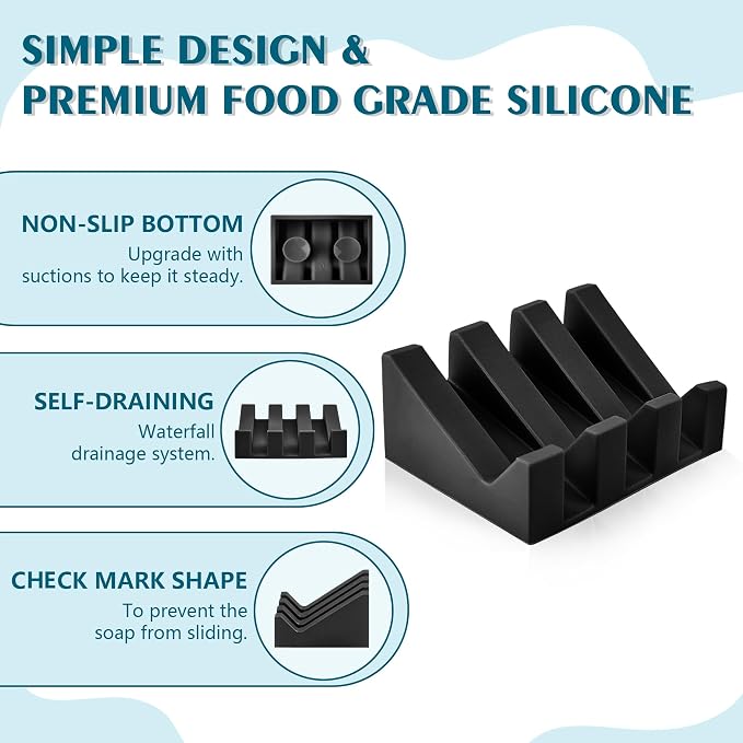 Soap Dish Holder for Shower with Suction Cup, Silicone Soap Holder & Saver Self-Draining Bar Soap Dish Keeps Soap Dry for Bathroom, Kitchen, Bathtub, Extends Soap Life (Black-1Pack)