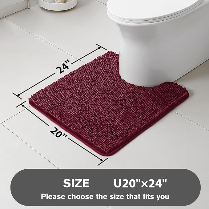 Burgundy Toilet Rug U Shaped – Absorbent and Washable Contour Bathroom Rugs for Toilet, Non-Slip, Thick Soft Chenille Contoured Bath Mat - 20" x 24"