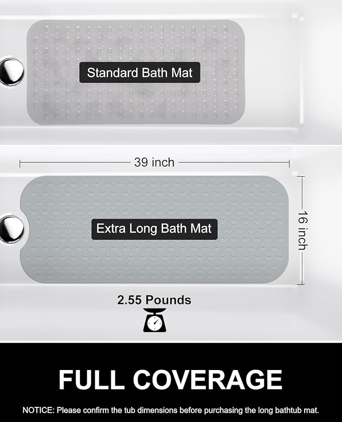 OTHWAY Reverse Suction Cup Bath Mat: 39x16 inch Extra Long Bathmat│Perfect for Ordinary or Refinished Bath Tubs │Made of Nature Rubber│Protect Your Bathtub (Grey)