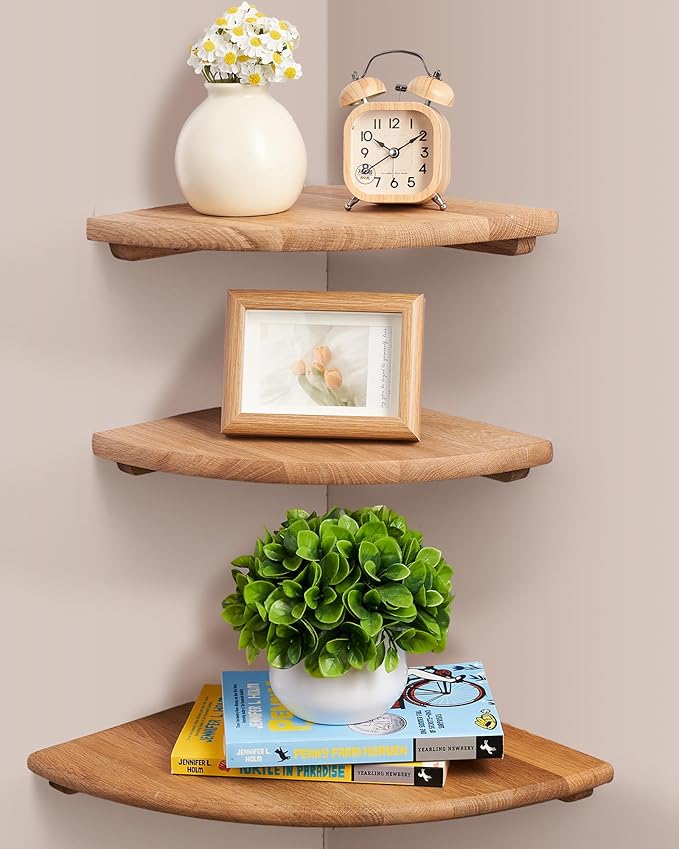 Floating Corner Shelves, Set of 3 Corner Wall Shelves with Cable Hole Soild Wood Wall Storage Display Wall Mounted Shelves for Plants, Photos, Speakers, Living Room, Bedroom, Bathroom, Kitchen
