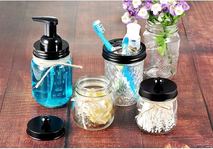 SheeChung 2 Pack Mason Jar Toothbrush Holder Lids, Wide Mouth ONLY, Black | Rustproof 304 Stainless Steel, for Ball Mason Jar or Any Pint, Western Rustic Farmhouse Decor, Bathroom Accessories Set