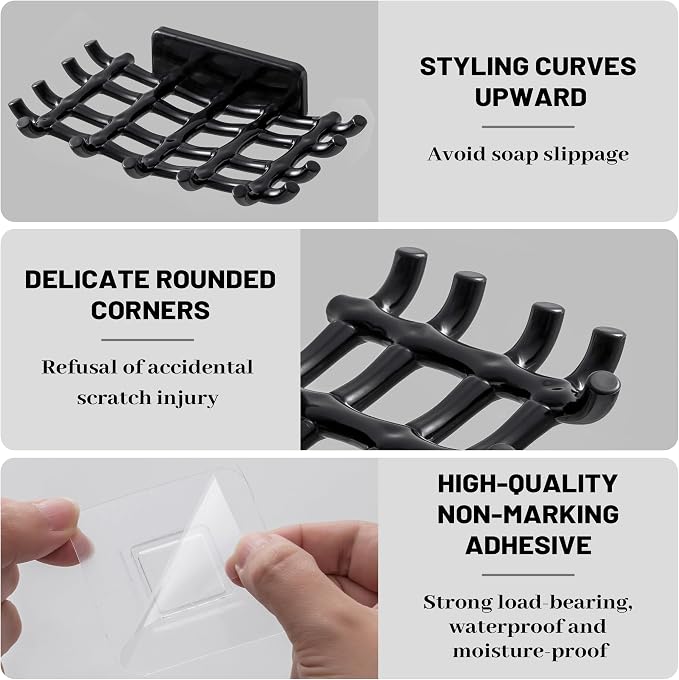 Shower Soap Holder for Wall, Adhesive Bar Soap Dish with Self Draining Grid, Side Hooks and No Drilling Mount, Black, 4 Pack