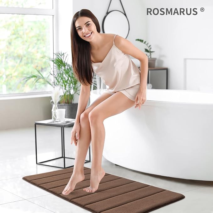 ROSMARUS Memory Foam Bath Mat, 17''x24'', Brown | Water Absorbent, Ultra Soft, Non Slip, Thick Foam, Bathroom Rugs for Floor & Tub, Machine Washable Care