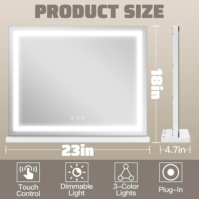 HNV 22.8"x18" Lighted Vanity Mirror, White | 22.8" x 18" tabletop vanity mirror with 3-color dimmable lighting, detachable 10X mirror, and HD tempered glass.