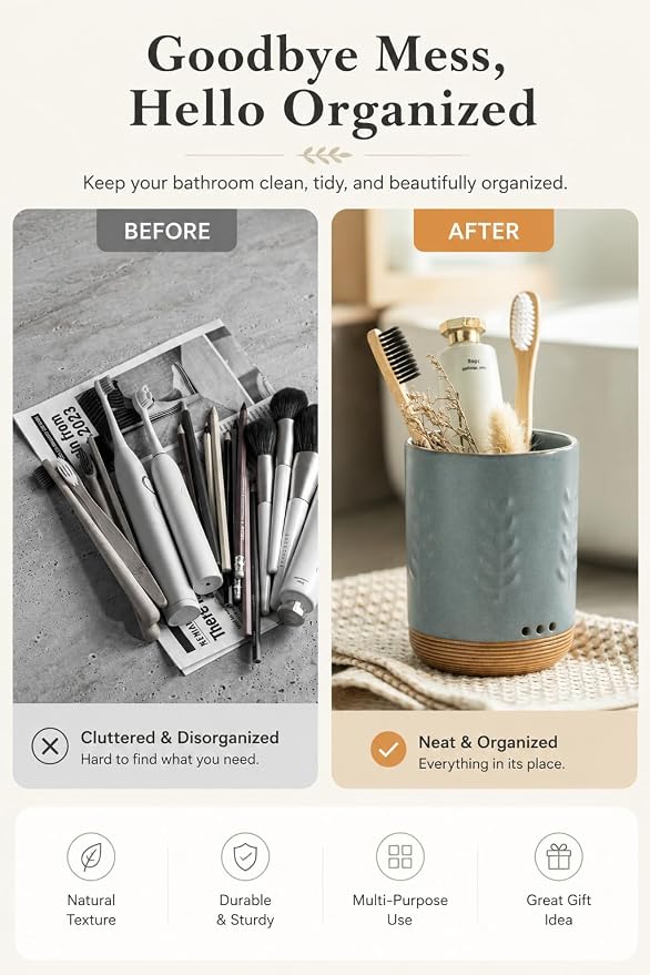 LYEOBOH Ceramic Toothbrush Holder, Toothbrush Storage,Toothbrush Cup Holder | Toothbrush Container, Countertop Organizer with Drainage, Electric Toothbrush Storage for Daily Home Use, Blue