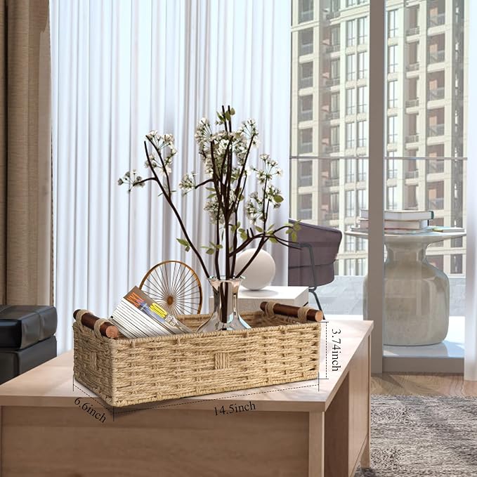 STOBSK Round Paper Rope Storage Basket with Handle, Beige, 14.5in x 6.6in x 3.74in | with Handle for Bedroom Home Decor and Shelves Apartment Countertop Use,Beige