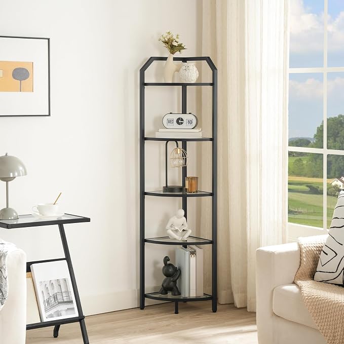 HOOBRO 5-Tier Corner Shelf Stand, Gold Corner Bookshelf, Tempered Glass Shelves, Bathroom Organizer, Corner Plant Stand, for Living Room, Study, Balcony, Home Office, Modern Style, Black BK15CJ01