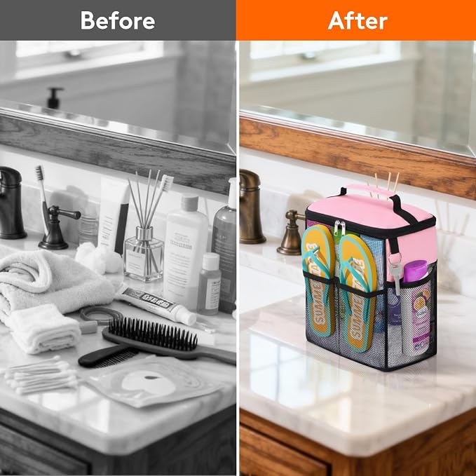 Lifewit Mesh Shower Caddy, Hanging Bathroom Organizer with Slipper pockets | Hanging Hook, Quick Dry, Portable, Toiletry Tote Bag, College Dorm Room Essentials for Beach, Gym, Camping, Travel, Pink