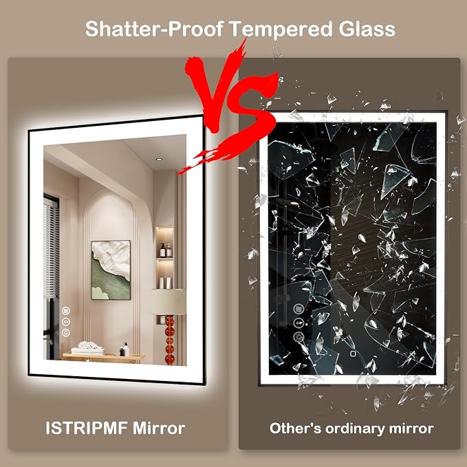 28x32 Inch LED Bathroom Mirror with Black Frame | Black Metal Frame, Front and Backlit, 3 Colors, Dimmable, Memory, Anti Fog, Tempered Glass, Lighted Mirror for Wall