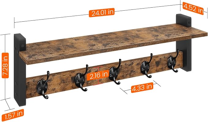 Coat Rack with Wall Mount, 24 Inch Long Entryway Wall Shelf with Hooks, Wood Hanger with Storage Shelf for Bathroom, Hallway, Rustic Brown Black