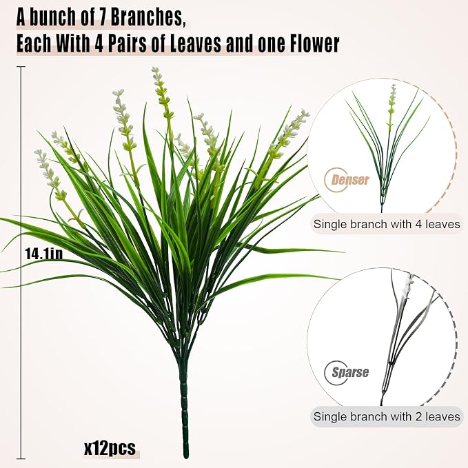 alyptus Outdoor Artificial Flowers 12 Bundles Plastic Plants Faux White Flower Fake Monkey Grass for Planters Décor Outside (White)