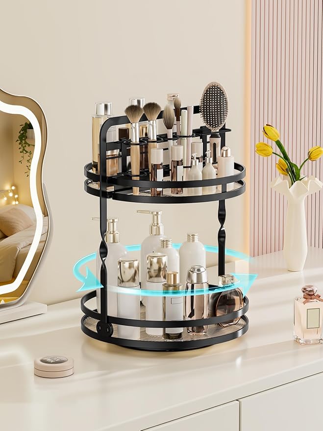 Rotating Makeup Vanity Organizer, 360 Spinning Perfume Organizer | 2-Tier Black Bathroom Countertop Organizer, Lazy Susan Counter Shelf Skincare Storage, Perfume Stand with Makeup Brush Holder
