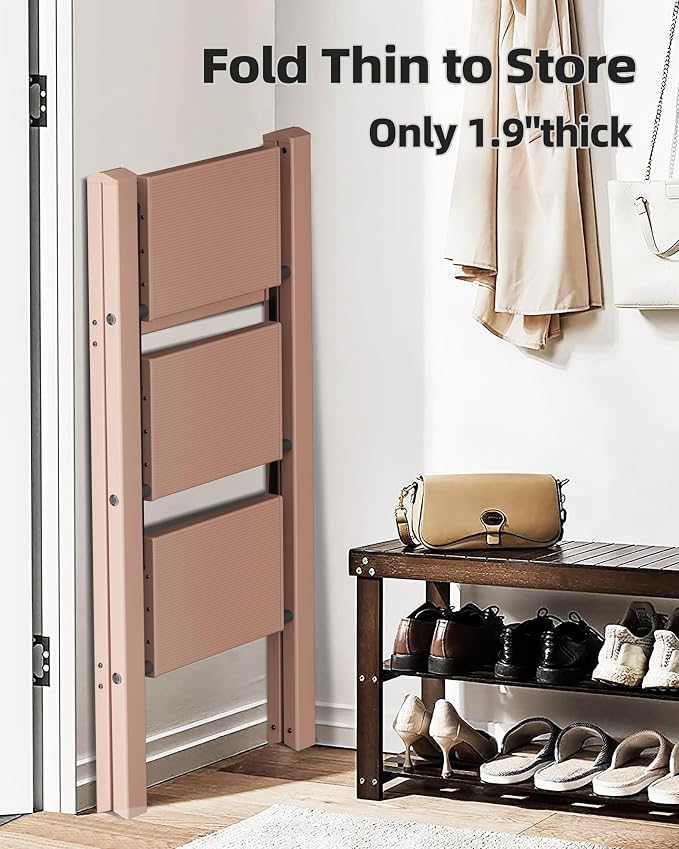 HillhutApex 3 Step Stool Foldable Ladder,Aluminum Step Ladder | Folding Lightweight Stable Stool with Wide Non-Slip Pedals, 330lbs Bearing Capacity Ladder for Office,Home,Kitchen-Light Pink