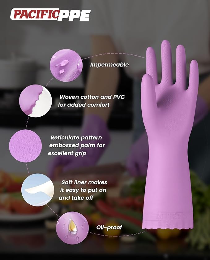 2 Pairs Cleaning Gloves, Cotton Liner, Purple+Blue, Medium | Waterproof dishwashing gloves with non-slip grip, Latex-Free, flexible fit for kitchen, bathroom, laundry & cleaning