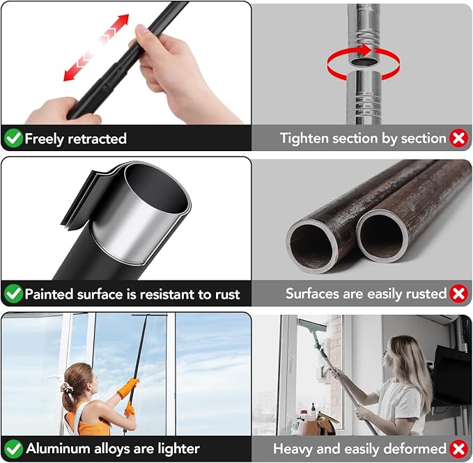 Shower Squeegee for Glass Doors, Telescopic Squeegee for Window Cleaning | 15-51" Shower Squeegee with Long Handle, Extendable Window Cleaner Tool for Tile Walls, Sliding Door, Floor, Car Windshield