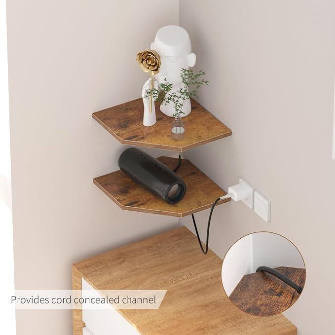 JJL Corner Shelf, 12 Inch Set of 4 Floating Shelves for Wall with Wire Hole for Security Camera and Radios Storage, 13.3 Inch Deep Wall Mounted Shelves for Living Room Corner Decoration, Rust Brown