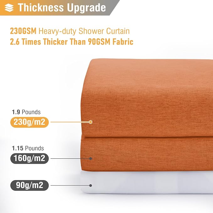 Long Linen Textured Waterproof Shower Curtain Set, 72x84, Burnt Orange | Tall Size, 230GSM Polyester, Heavy Duty Cloth, Weighted Hem, 12 Plastic Hooks, Modern Luxury Hotel Style, Machine Washable