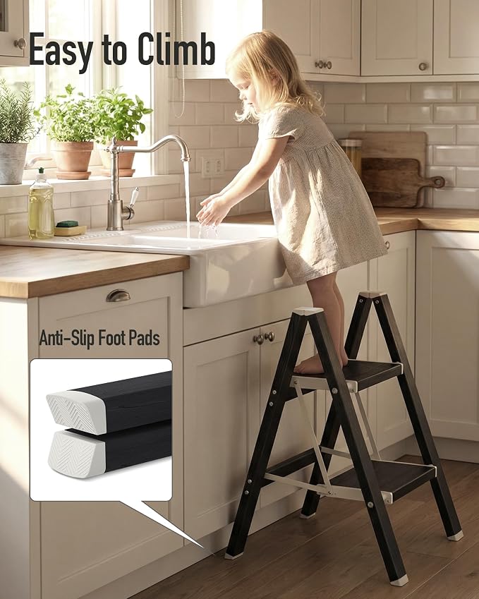 Mayi Plus 2 Step Stool Foldable, Aluminum, Lightweight Step Ladder | Extra-wide anti-slip folding steps with 330 lbs, for home,kitchen,office,outdoor,Ebony woodgrain