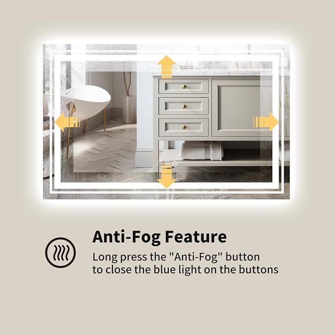 WTTY 60" x 28" LED Bathroom Mirror with Light | Anti-Fog, Dimmable, 3 Color Temperature, Memory Function, Tempered Glass, IP54 Waterproof, ETL Listed