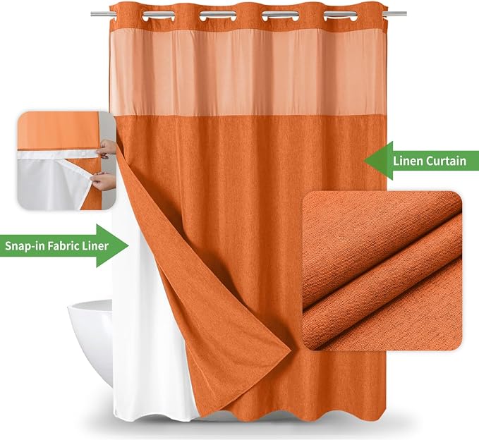 eachope Extra Long No Hook Shower Curtain and Liner Set,71x86 Burnt Orange | Extra Long,Linen Texture,230GSM Thick Fabric,Mesh Window,Bottom Magnetic,Waterproof & Machine Washable,for Bathroom,Hotel Use