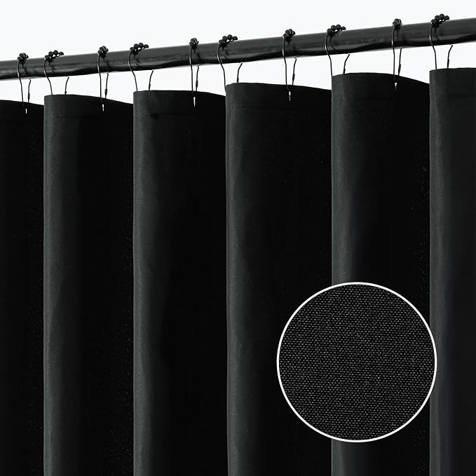 ANRODUO Black Linen Textured Fabric Shower Curtain Set - W72xL72 | Farmhouse Shower Curtain with 12 Metal Hooks, Waterproof Heavy Duty, Button Hole Design, Machine Washable for Bathroom
