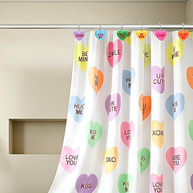 Valentine's Day Shower Curtain Hooks, 12Pcs Heart Shape Rustproof Resin Hooks with Love Messages, Decorative Bathroom Rings for Towel Curtain, 6 Colors