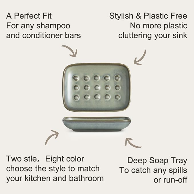 Miamolo Bar Soap Holder, Ceramic Soap Dish for Bathroom, Keep Soap Dry | Raised Ridges Extends Bar Life | Weighted Soap Tray, Non-Slip | for Kitchen Sink Bathtub Shower, Dishwasher Safe, Dark Green