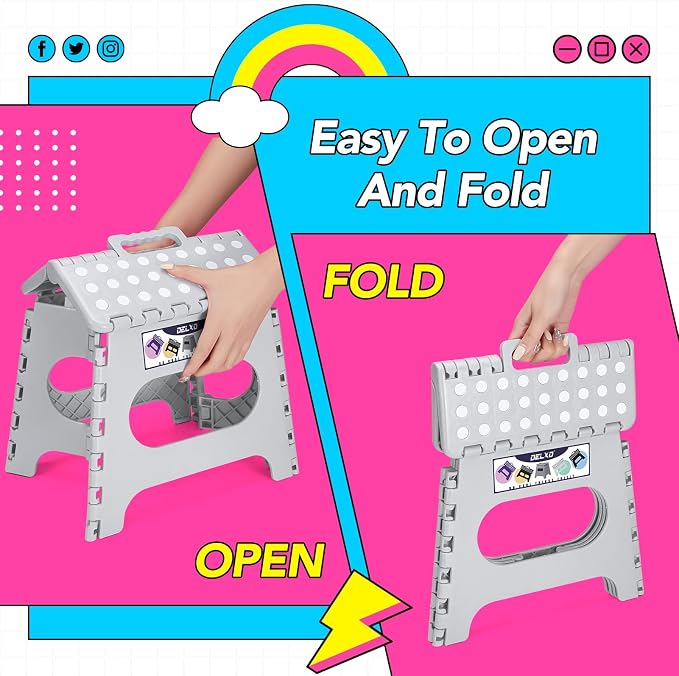 Delxo Folding Step Stool 11 Inch,300 Lbs Step Stool for Kids & Adults Grey | Foldable Step Stool 11",Non-Slip Foot Stools with Handle,Lightweight Collapsible stools for Kitchen,Bathroom,Bedroom,Garden