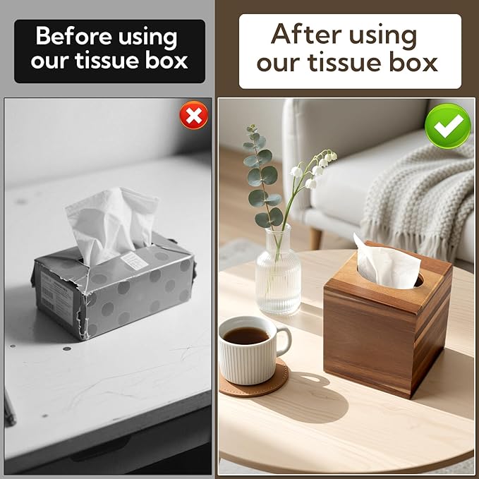 6 Pack Wooden Tissue Box Cover Bulk Square - Acacia Wood Tissue Box Holder for Tabletop Stands Bathroom Office- Decorative Facial Wood Tissue Box Cover for Modern Farmhouse Decor-Standard Walnut Color