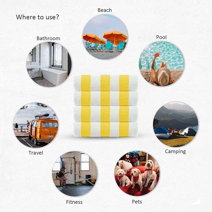 CASA COPENHAGEN Cabana Beach Towel Designed in Denmark Rough and Tough, Quick Dry, Beach, Pool, Bath & Shower 30x60 inches 4 Pieces Cotton Beach Bath Towels Set - Lemon