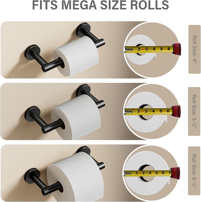 POKIM Matte Black Toilet Paper Holder, Stainless Steel Double Post Pivoting Wall Mount Holder, Fits Mega Large/Jumbo Rolls, Commercial Bathroom Tissue Dispenser for Home & Commercial Use