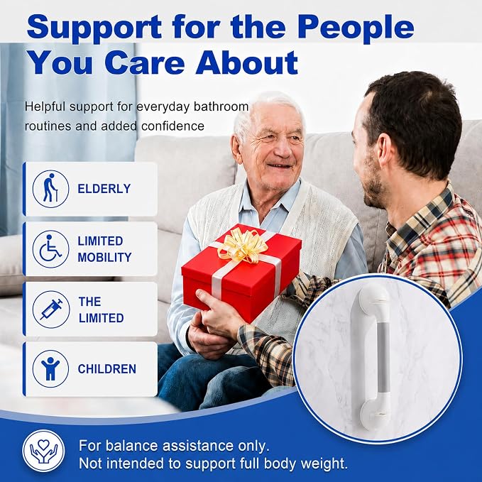 Suction Grab Bar 2 Pack, 16.9 Inch Shower Grab Bars for Seniors, No Drill Removable Bathroom Safety Handles for Bathtubs and Showers, Grey White