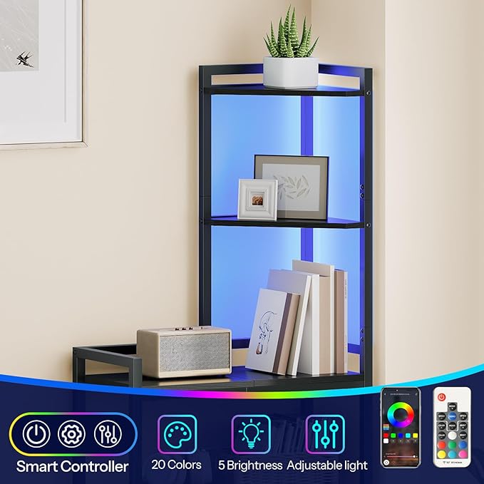 HOOBRO 5-Tier Corner Shelf Stand, Corner Shelf with LED Light, 56.3" Tall Corner Bookshelf, Display Rack Storage Organizer with Table, for Small Spaces, Living Room, Entryway, Black BB69DCJ01