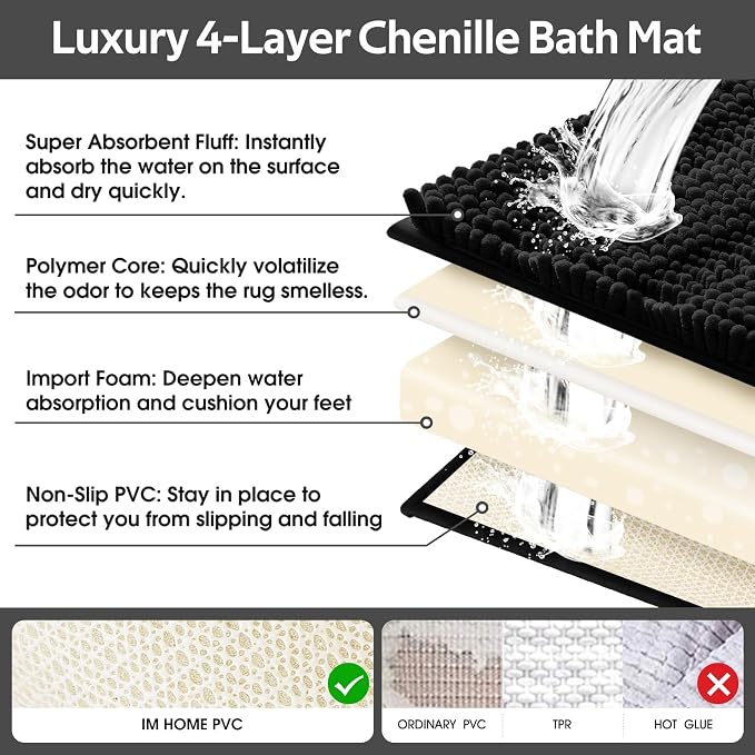 Striped Black Bathroom Rug Set 3 Pieces Ultra Soft, Non Slip Chenille Toilet Mat, Absorbent Plush Shaggy Bath Mats for Bathroom, Bedroom, Kitchen
