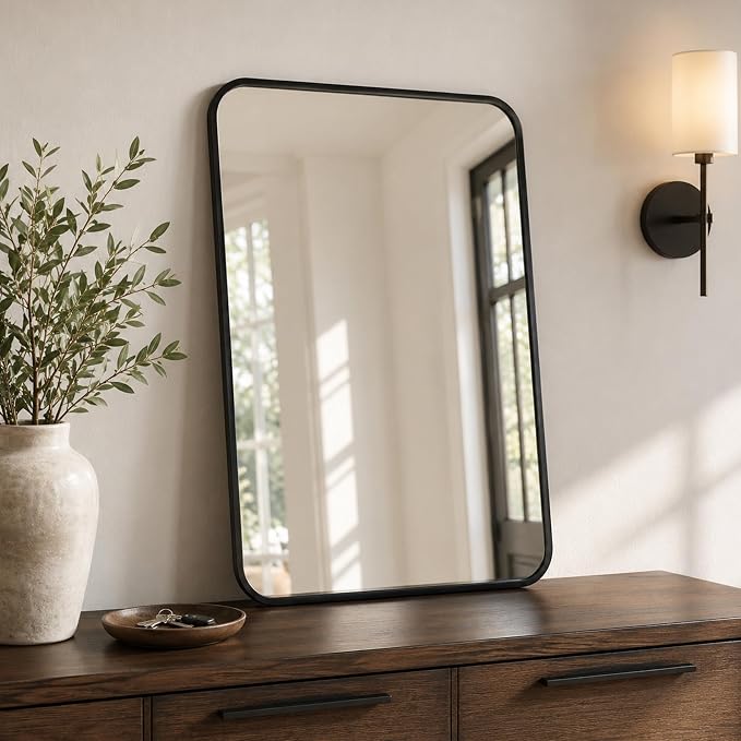 2-Pack 24x36 Inch Matte Black Rounded Rectangle Vanity Mirrors | Double Vanity or Two Bathrooms, Pair or Separate Use, Iron Frame, Layered Shadow Box Look, Two-Way Mount