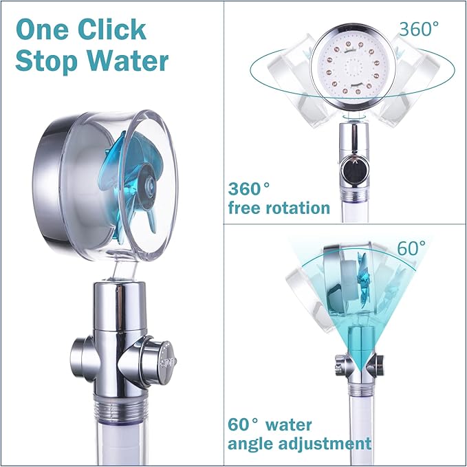 ANTOWER LED Shower Head with Handheld High Pressure Shower Heads Set with 79 Inch Shower Hose,Shower Holder,4 PP Cotton Filters,Turbo Fan Shower Water Temperature-Controlled One Key Pause Switch